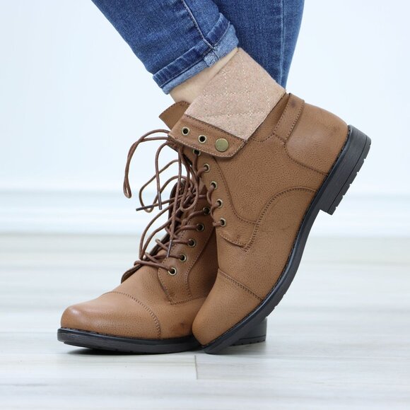 Tan Ankle Boots Lace-Up Fold Cuff Buckle Detail Faux Leather Flat Sole - Picture 7 of 10